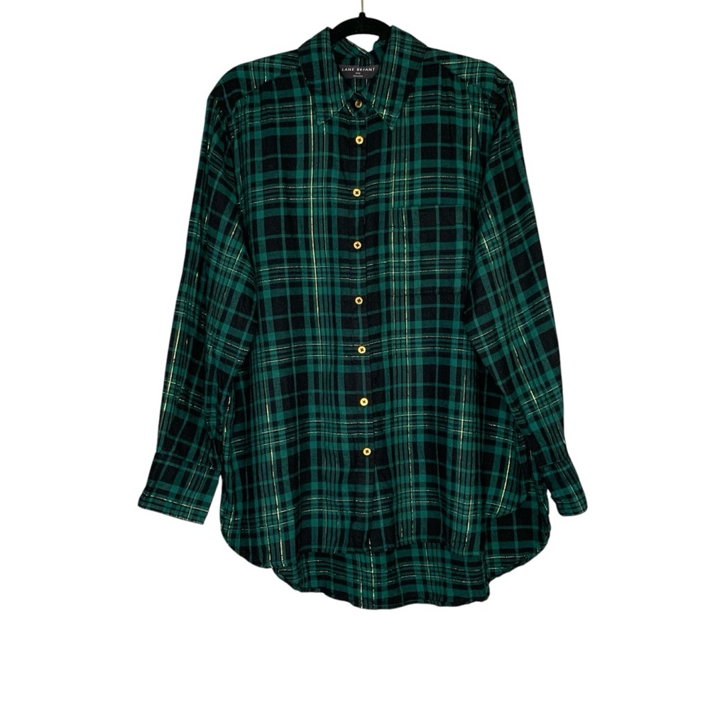 Lane Bryant green and black tartan plaid button up blouse.‎ Size (14-16)
